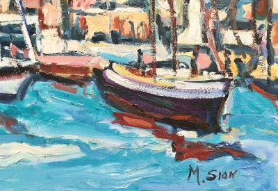 Marie SION - Voiliers dans le petit port - Huile sur toile signée 2
