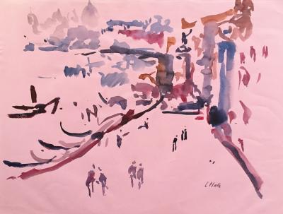 Charles MALLE - Riva degli Schiavoni, Venise, 1995 - Aquarelle originale signée 2