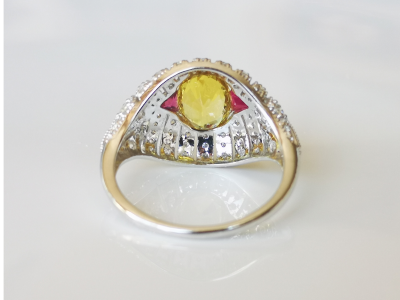 Bague en or blanc 18 carats  style art déco  béryl jaune 1.5 carats rubis et diamants  - certificat 2