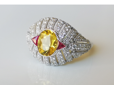 Bague en or blanc 18 carats  style art déco  béryl jaune 1.5 carats rubis et diamants  - certificat 2