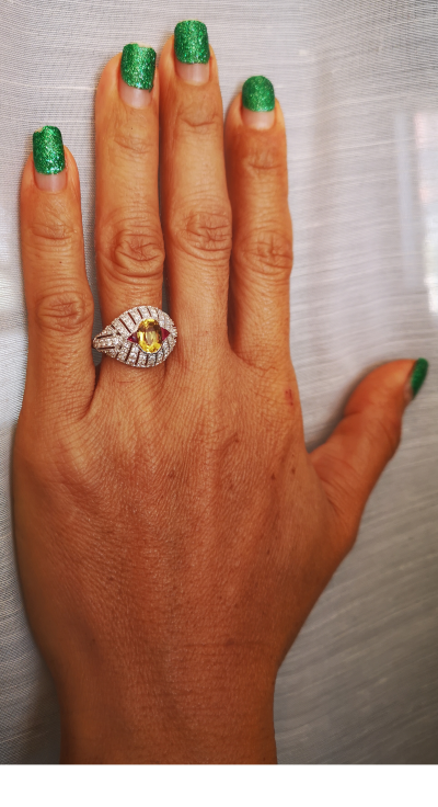 Bague en or blanc 18 carats  style art déco  béryl jaune 1.5 carats rubis et diamants  - certificat 2