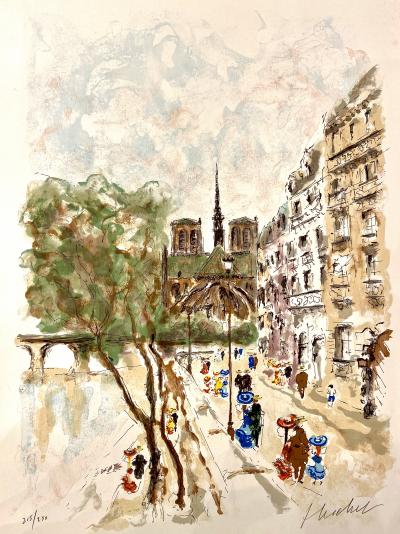 Urbain Huchet - L’île Saint-Louis vue Notre-Dame de Paris, 1963. Lithographie originale signée et numérotée 2