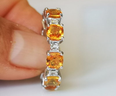 Bague alliance en or gris, saphirs oranges et  diamants baguettes 2