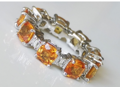 Bague alliance en or gris, saphirs oranges et  diamants baguettes 2