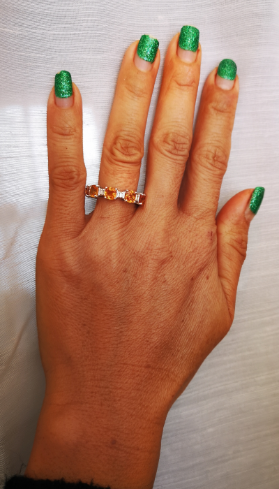 Bague alliance en or gris, saphirs oranges et  diamants baguettes 2