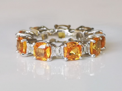 Bague alliance en or gris, saphirs oranges et  diamants baguettes 2