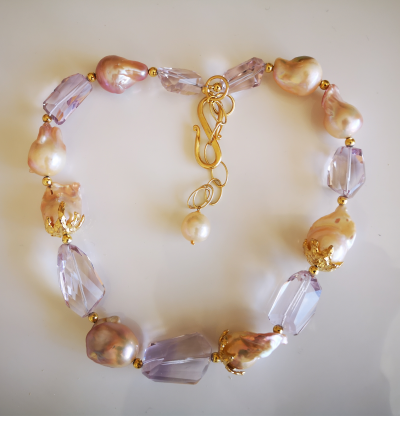Collier en argent perles de culture baroques et quartz rose 2