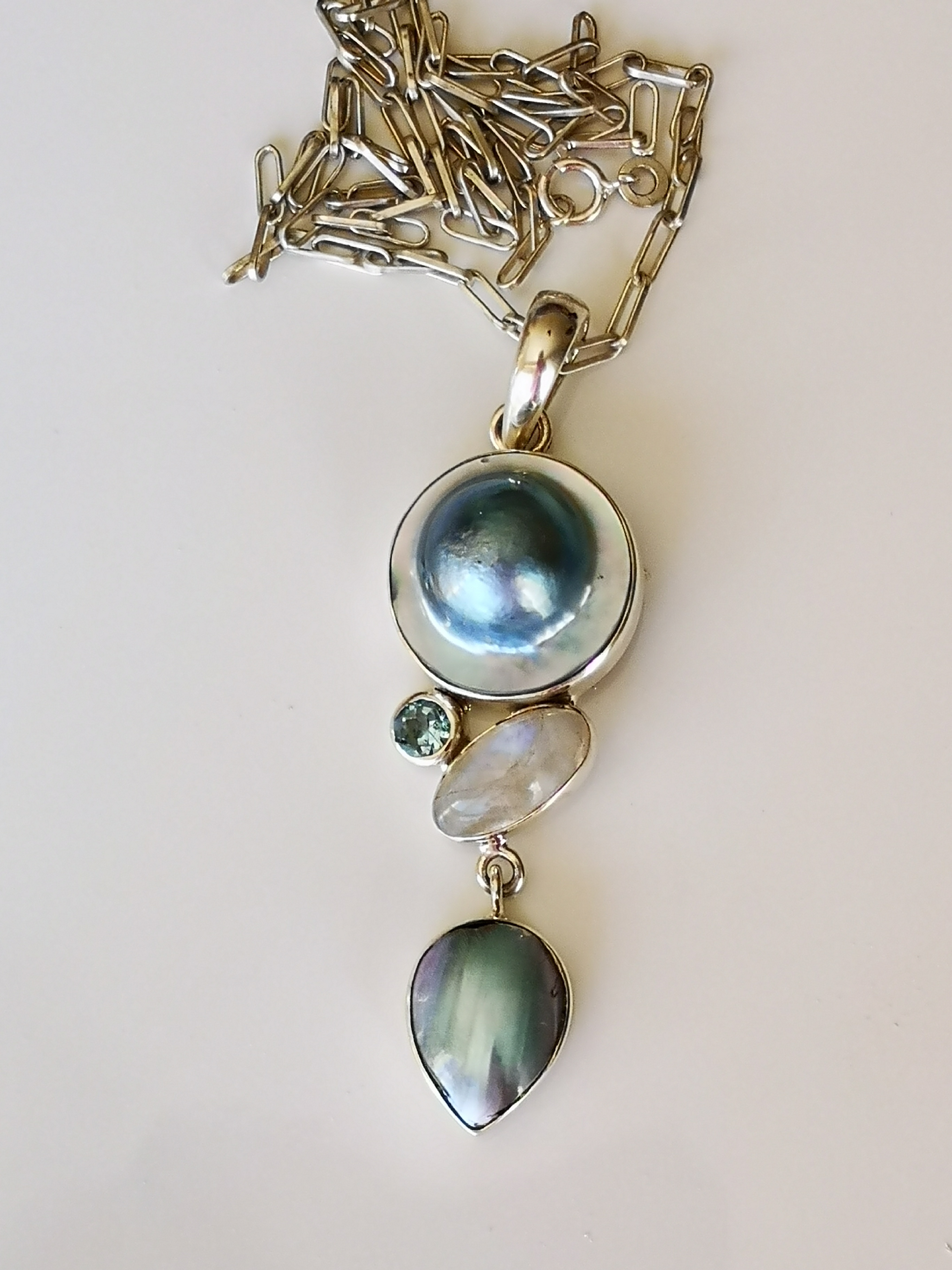 Pendentif Argent Avec Perle De Culture Grise Et Pierre De Lune - Collier En Pierres Fines - Neuf Avec étiquettes