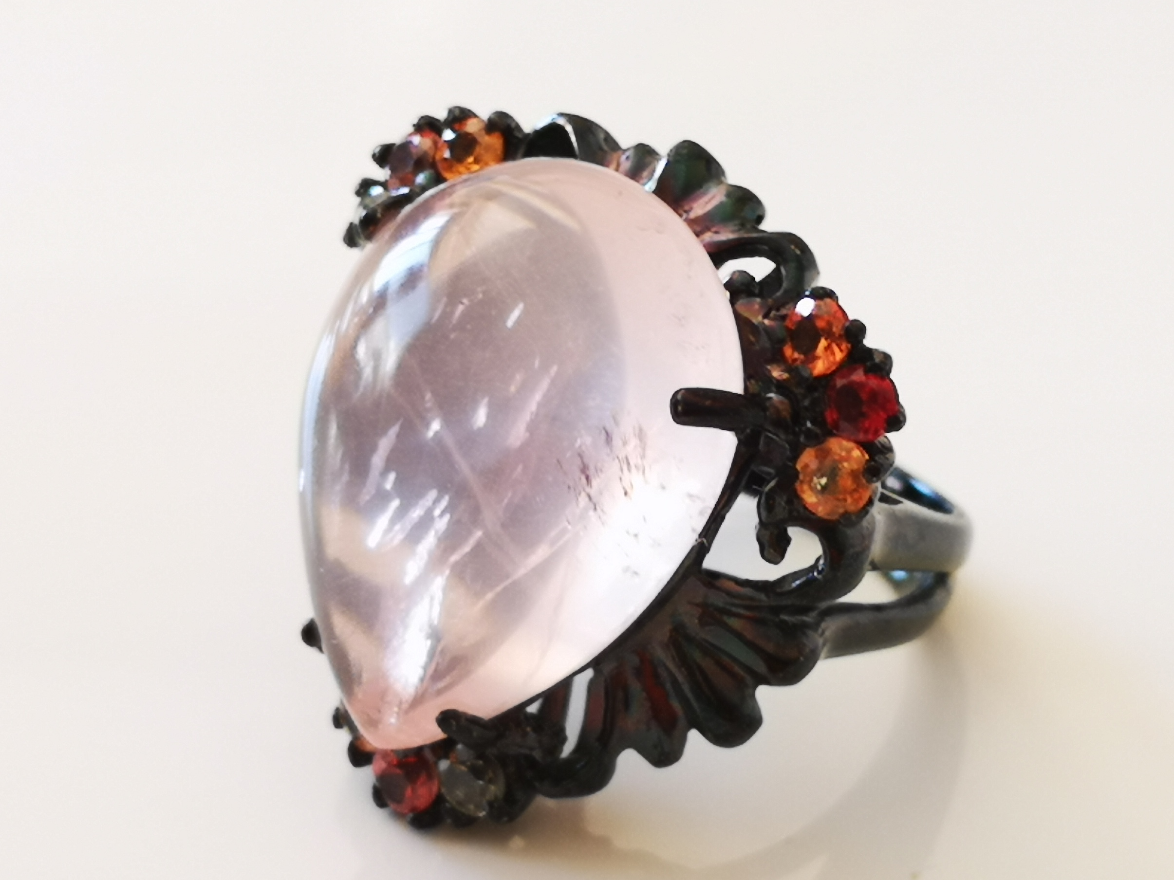 Bague En Argent Massif Avec Gros Cabochon De Quartz Rose - Taille 55, Occasion Mais Très Jolie
