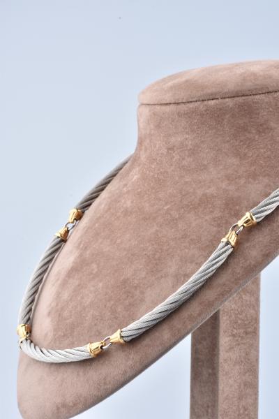 Collier mailles torsadés en acier gris et en or jaune 2