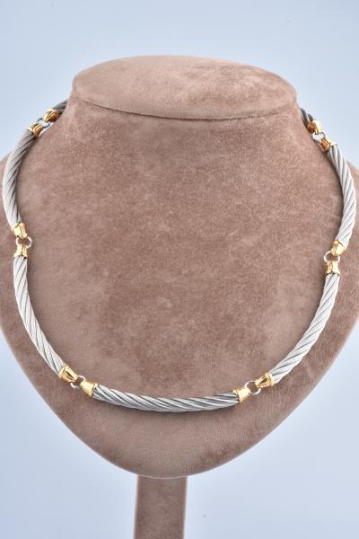 Collier mailles torsadés en acier gris et en or jaune 2