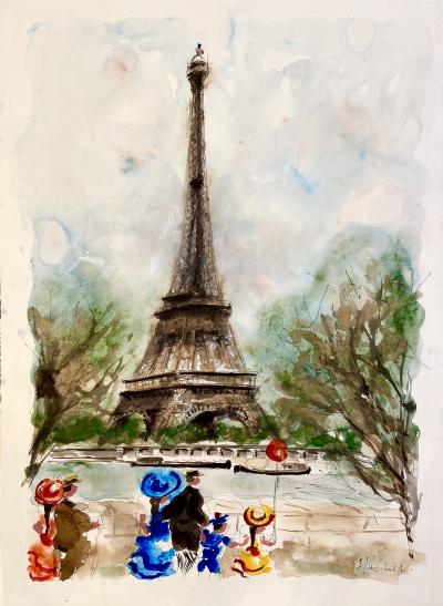 Urbain HUCHET - La Tour Eiffel,1963 - Aquarelle originale signée. 2