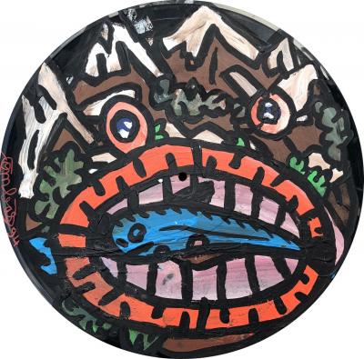 Robert COMBAS - Tête en forme de montagne qui mange un poisson - Acrylique signée sur disque vinyle 2