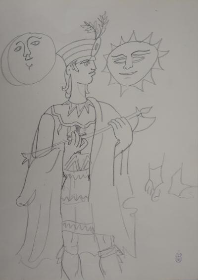 Jean COCTEAU : L’Inca invoquant le Soleil et le Lune - Dessin original signé 2