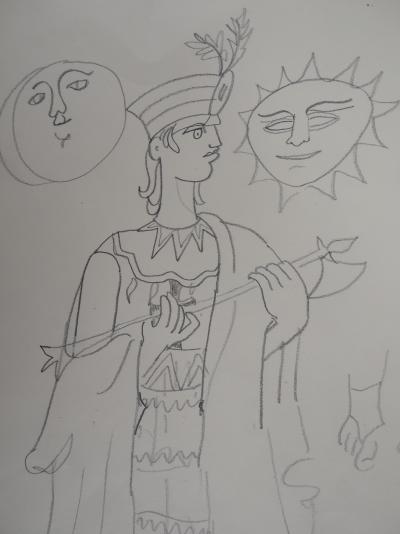 Jean COCTEAU : L’Inca invoquant le Soleil et le Lune - Dessin original signé 2