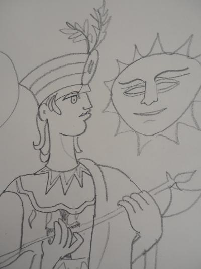Jean COCTEAU : L’Inca invoquant le Soleil et le Lune - Dessin original signé 2