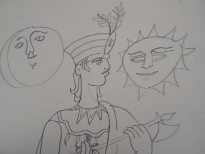 Jean COCTEAU : L’Inca invoquant le Soleil et le Lune - Dessin original signé 2