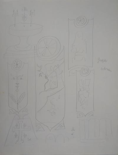 Jean COCTEAU : Visage fleur, Musicien et ornements - Dessin original signé 2