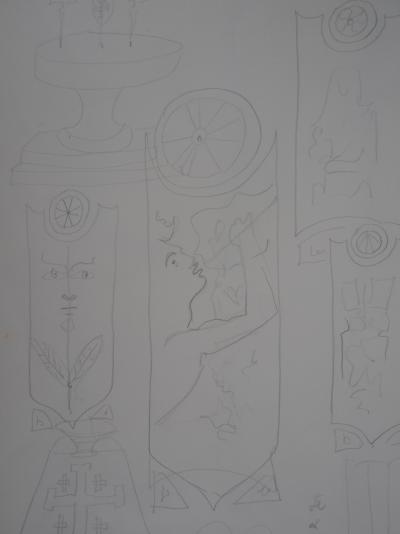 Jean COCTEAU : Visage fleur, Musicien et ornements - Dessin original signé 2