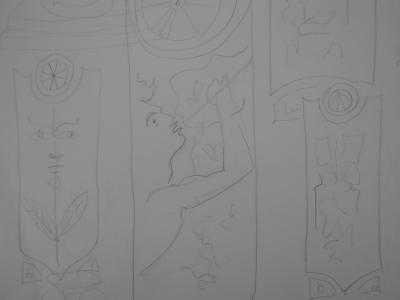 Jean COCTEAU : Visage fleur, Musicien et ornements - Dessin original signé 2