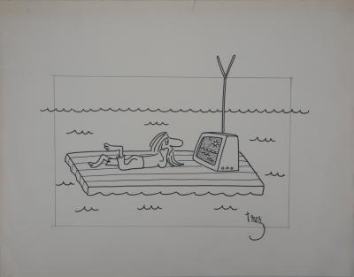 TREZ - Télé à la Mer, Mer à la Télé - Dessin signé 2