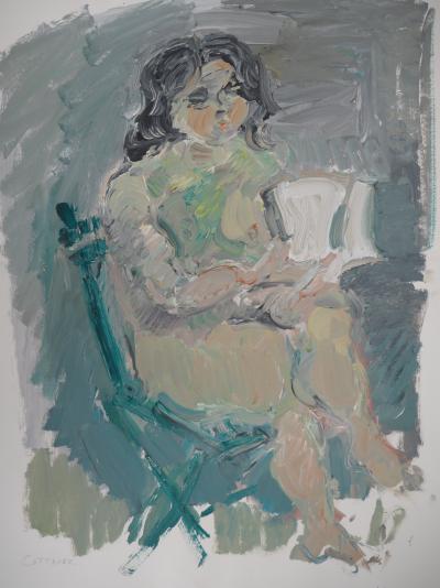 André COTTAVOZ : Nu lisant - Grande Huile sur papier signée 2