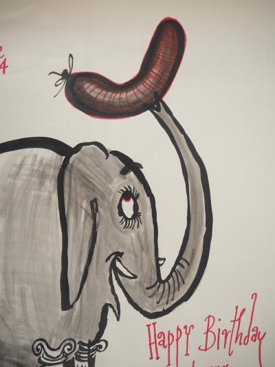 Ronald SEARLE : Elephant Grec - Dessin original signé 2