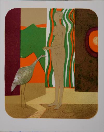 André MINAUX - La femme et l'oiseau , 1972 - Lithographie originale 2