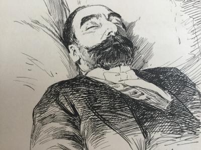 Louis BOMBLED - Le président Sadi Carnot sur son lit de mort, 1894 - Dessin à la plume signé 2