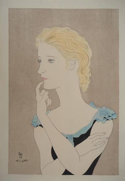Léonard Tsuguharu FOUJITA : Jeune femme blonde, Gravure originale signée