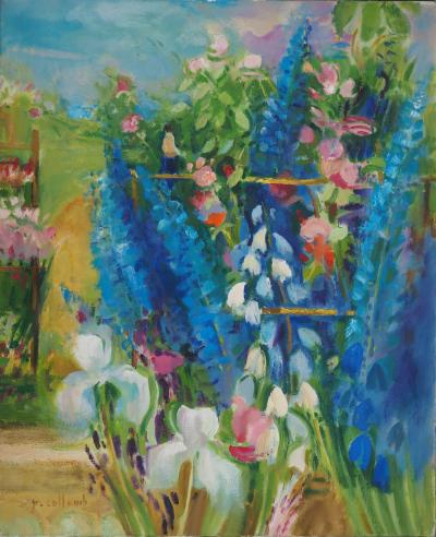 Paul COLLOMB : Iris blancs et delphiniums - Huile sur toile signée 2