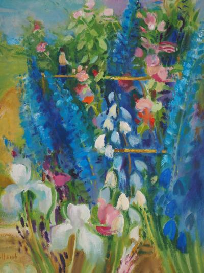Paul COLLOMB : Iris blancs et delphiniums - Huile sur toile signée 2
