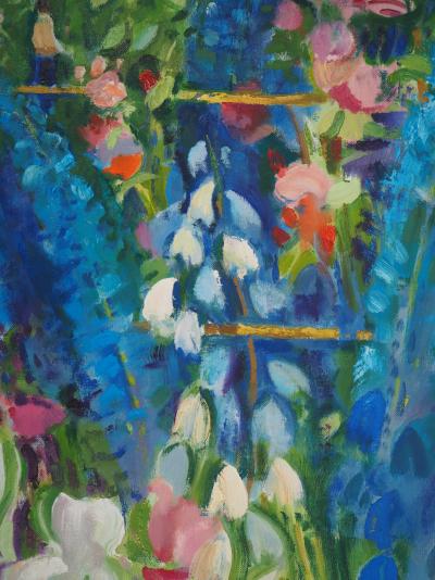 Paul COLLOMB : Iris blancs et delphiniums - Huile sur toile signée 2