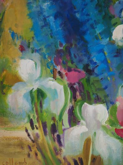 Paul COLLOMB : Iris blancs et delphiniums - Huile sur toile signée 2