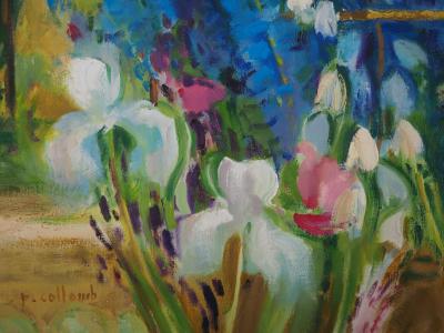 Paul COLLOMB : Iris blancs et delphiniums - Huile sur toile signée 2