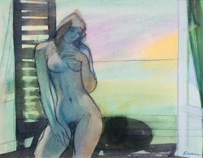 Camille HILAIRE - Desnudo en la ventana, Trouville, 1990 - Acuarela original firmada