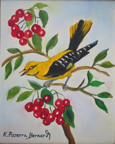 Camille PISSARRO-BERNARD - Moineau et cerises - Huile sur toile signée 2