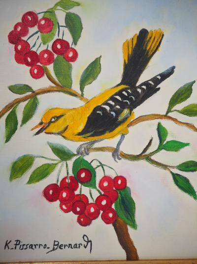 Camille PISSARRO-BERNARD - Moineau et cerises - Huile sur toile signée 2
