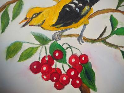 Camille PISSARRO-BERNARD - Moineau et cerises - Huile sur toile signée 2