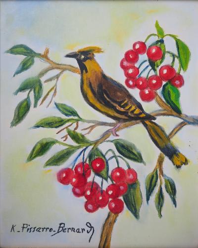 Camille PISSARRO-BERNARD - Oiseau à aigrette et cerises - Huile sur toile signée 2