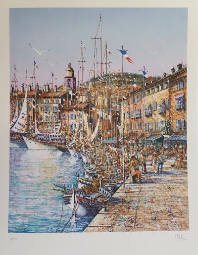 Antoine VALDI - Café des arts à Saint Tropez- le Quai Suffren à Saint-Tropez - Deux lithographies originales signées au crayon 2