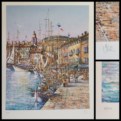 Antoine VALDI - Café des arts à Saint Tropez- le Quai Suffren à Saint-Tropez - Deux lithographies originales signées au crayon 2