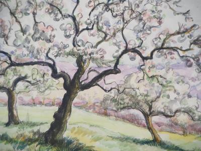 Paul Emile PISSARRO - Cerisiers en fleur - Aquarelle originale signée 2