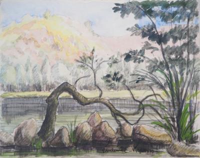 Paul Emile PISSARRO - Le bord du lac - Aquarelle originale signée 2