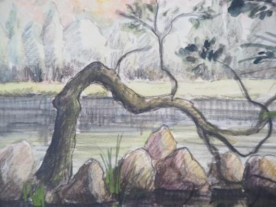 Paul Emile PISSARRO - Le bord du lac - Aquarelle originale signée 2