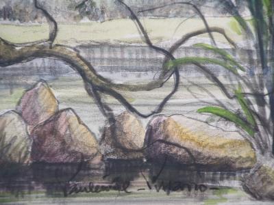 Paul Emile PISSARRO - Le bord du lac - Aquarelle originale signée 2