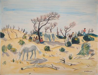 Yves BRAYER : Cavaliers et chevaux en Camargue - Aquarelle originale signée 2