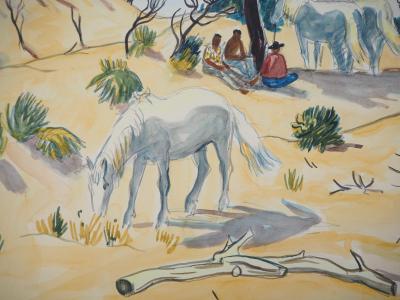Yves BRAYER : Cavaliers et chevaux en Camargue - Aquarelle originale signée 2