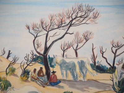 Yves BRAYER : Cavaliers et chevaux en Camargue - Aquarelle originale signée 2