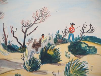 Yves BRAYER : Cavaliers et chevaux en Camargue - Aquarelle originale signée 2